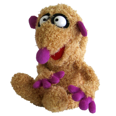 Heunec Pluschfigur Erdmaennchen Jan, beige Pluschfigur mit violettem Gesicht und violetten Pfoten, sitzend