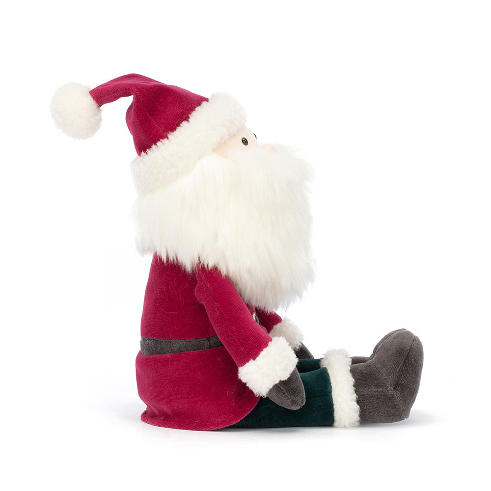 Jellycat Weihnachtsmann Jolly Santa, sitzende Plüschfigur mit weißem Bart und grauen Stiefeln, Seitenansicht