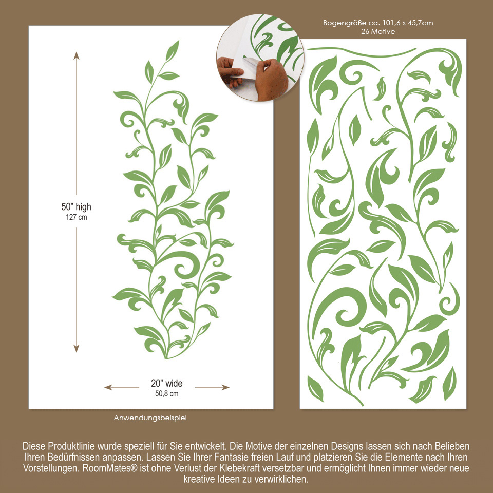 RoomMates wall decal Leaf Scroll Peel & Stick, infographic with measurements, motif count and a usage example of the leaf vine motif
