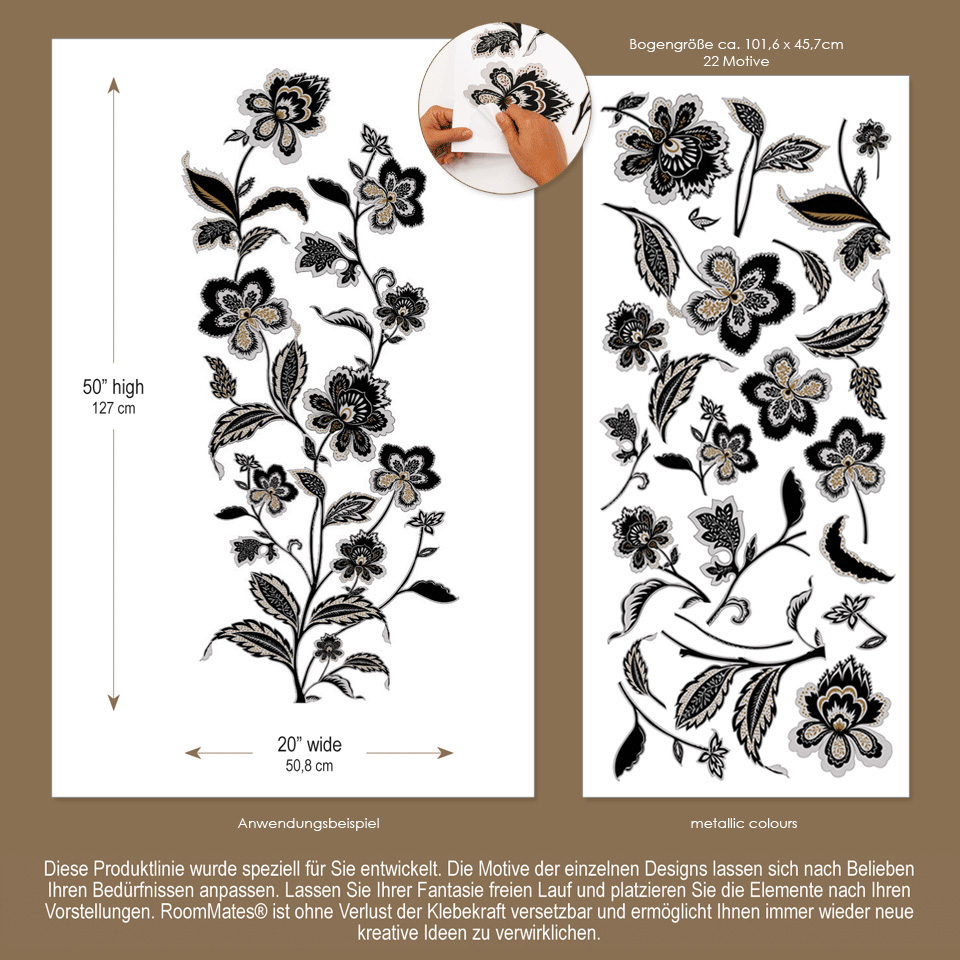RoomMates wall decal Jazzy Jacobean Peel & Stick, infographic with measurements, motif count and a usage example of the floral vine motif
