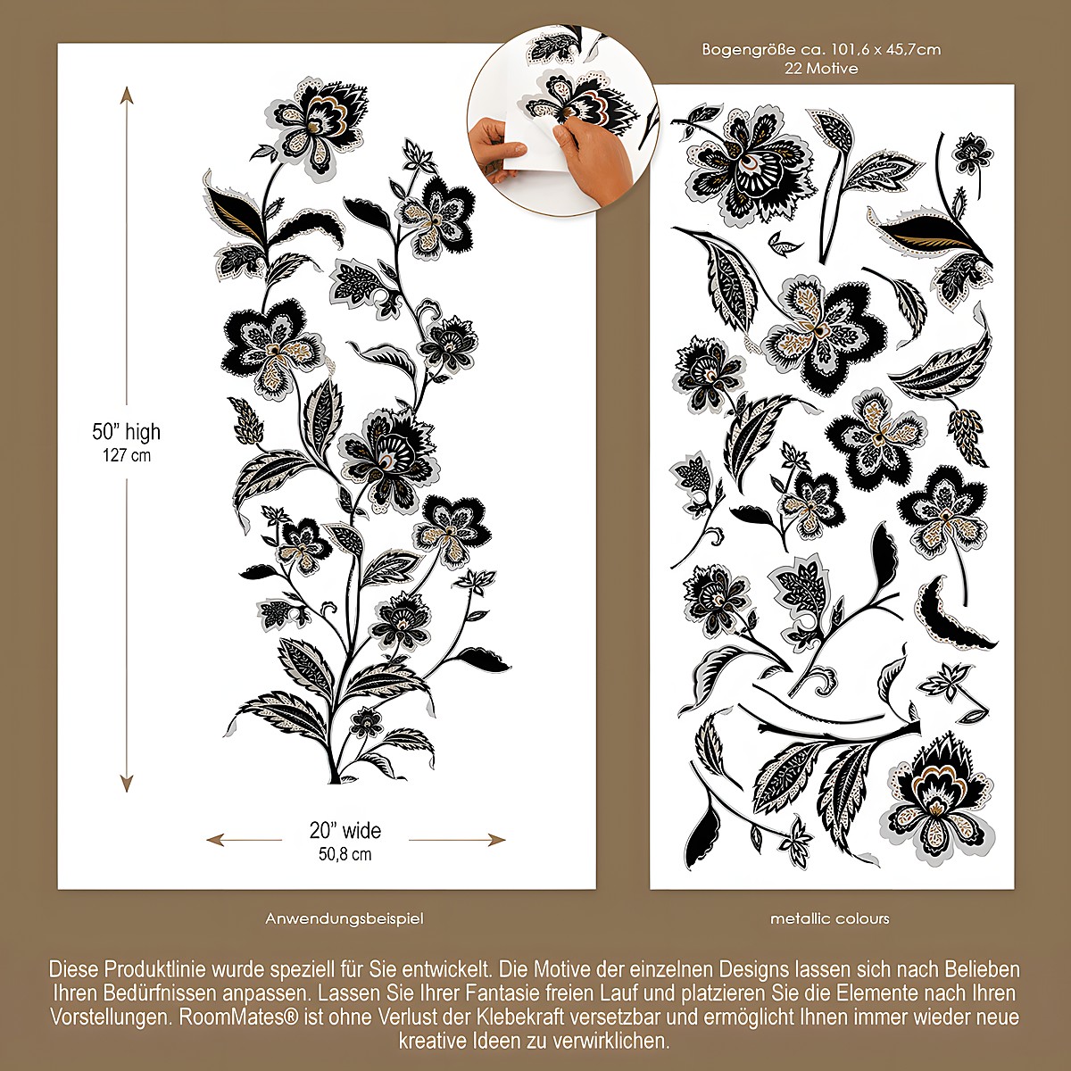 RoomMates wall decal Jazzy Jacobean Peel & Stick, infographic with measurements, motif count and a usage example of the floral vine motif