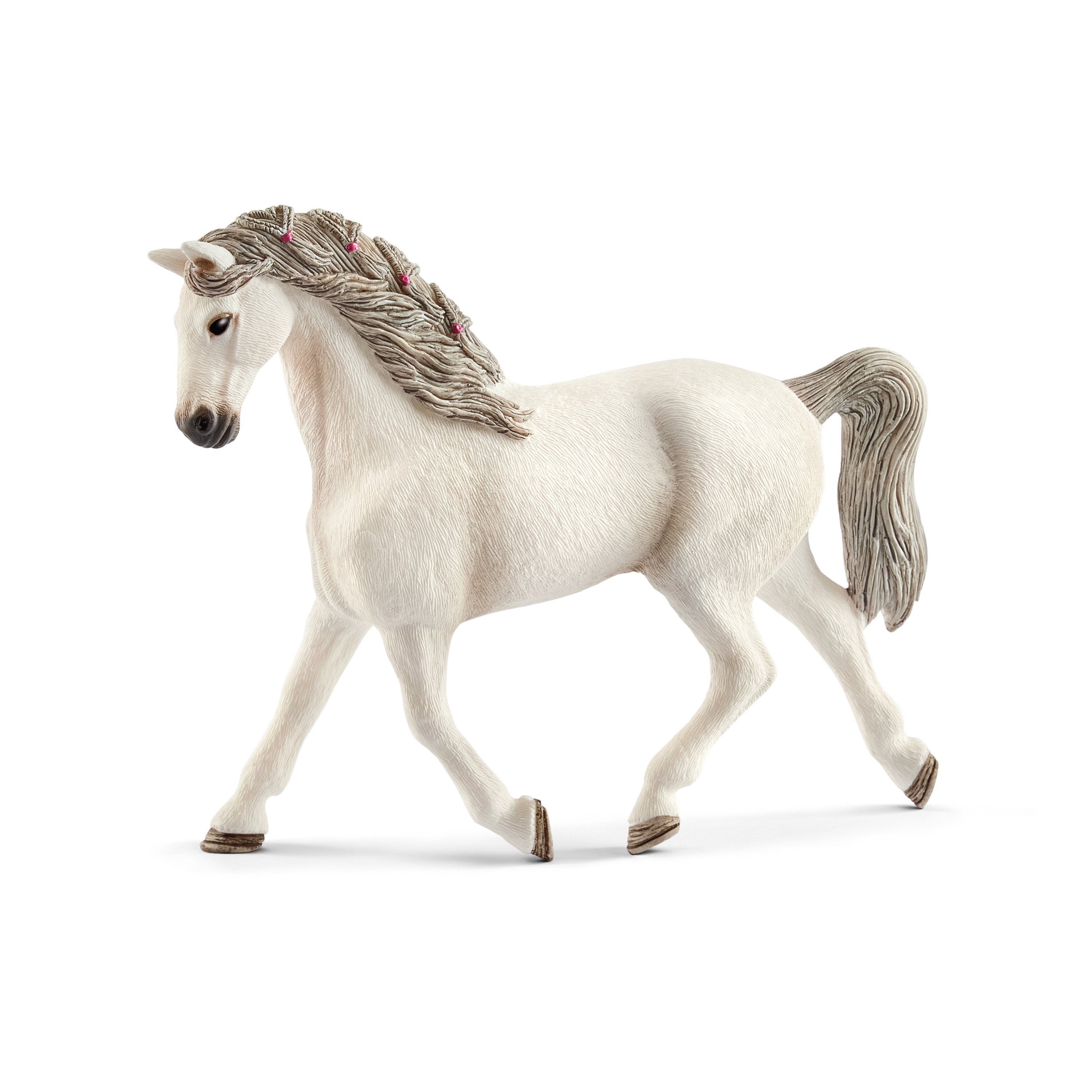 Schleich Horse Club Holsteiner mare, toy figure with white coat and a braided pink mane, walking
