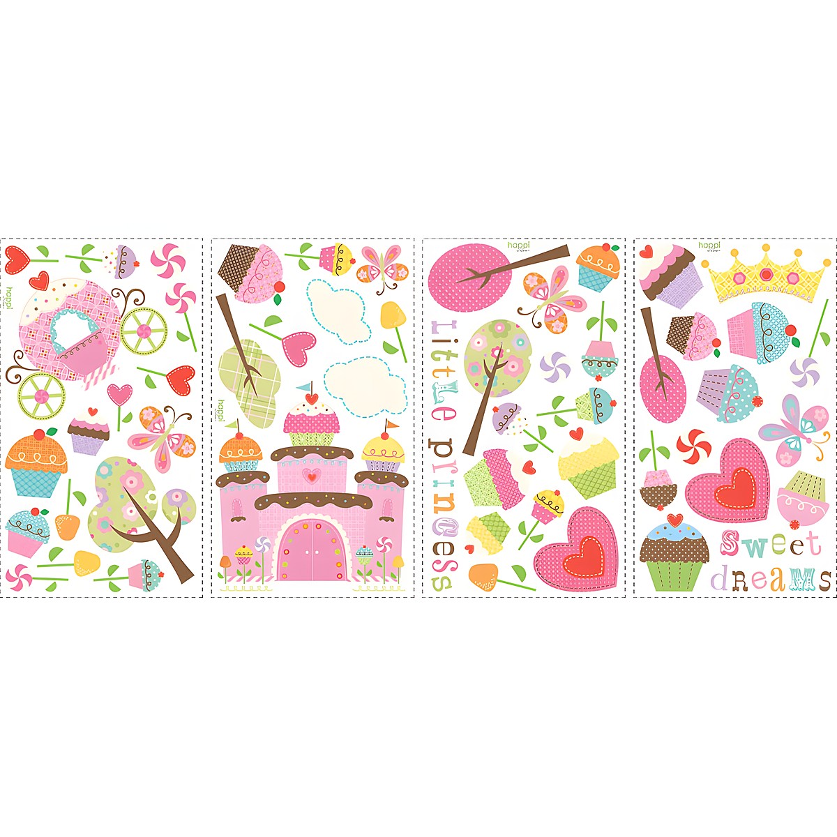RoomMates wall decal Cupcake Castle, four decal sheets with cupcake, castle and butterfly motifs on a white background