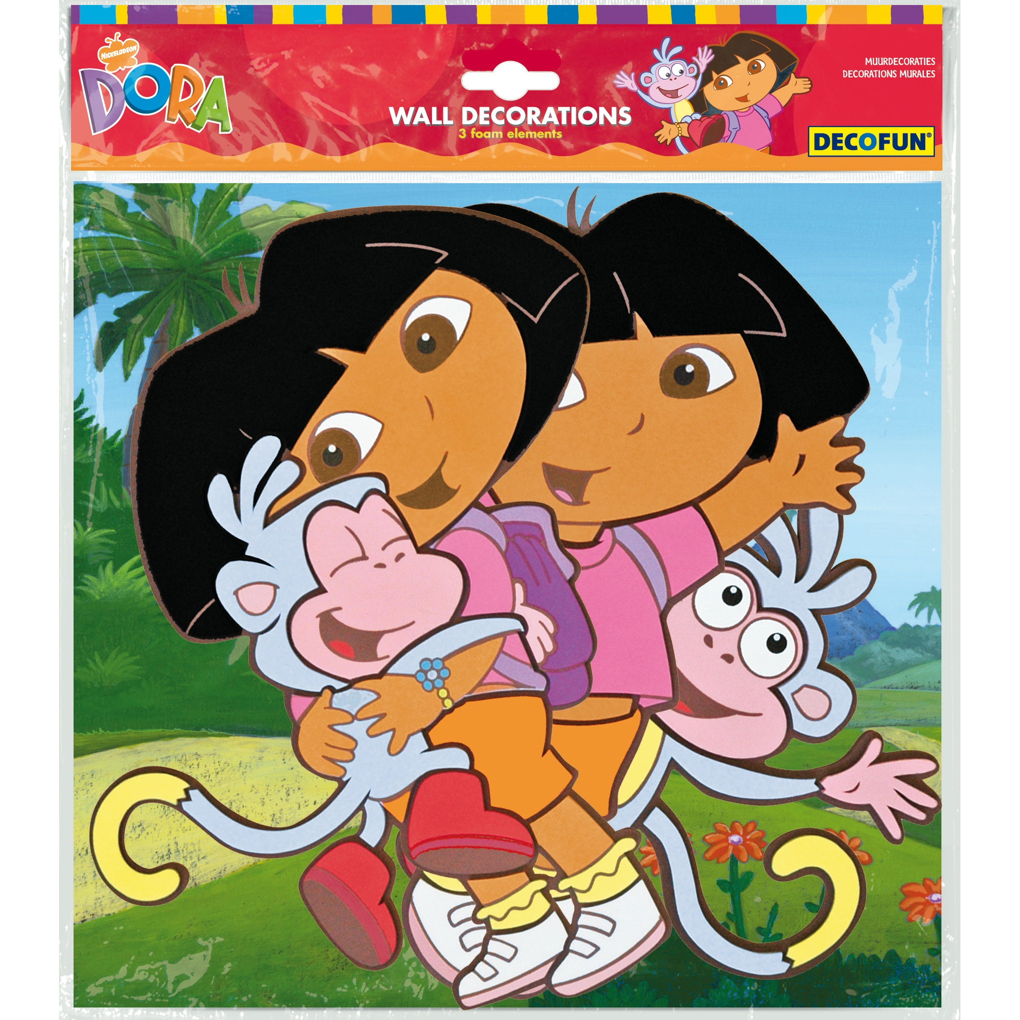 decofun wall decoration Dora the Explorer packaging, Dora holding Boots against a jungle background