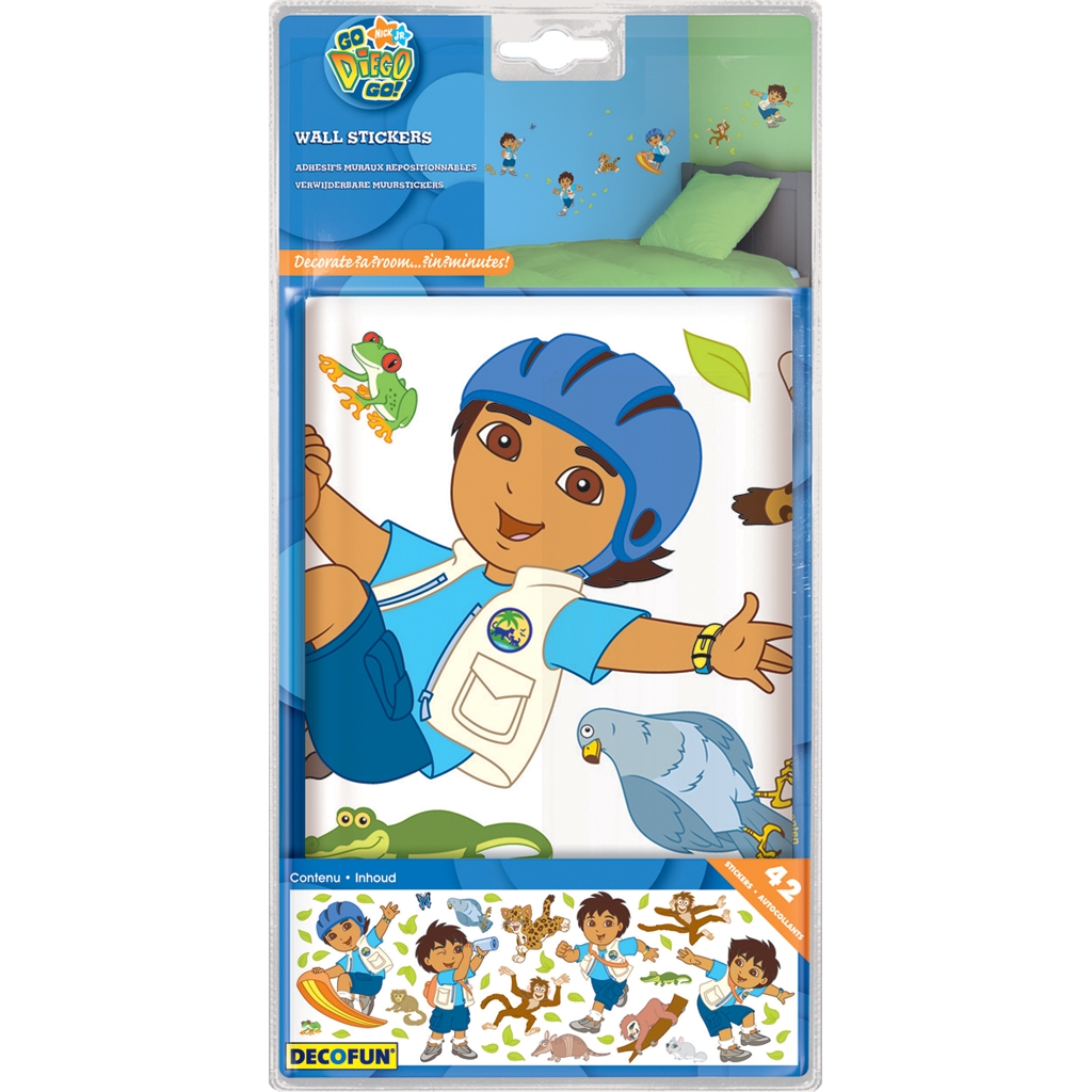 decofun wall decal Go Diego Go packaging, Diego wearing a helmet in focus, bedroom photo above, blister card