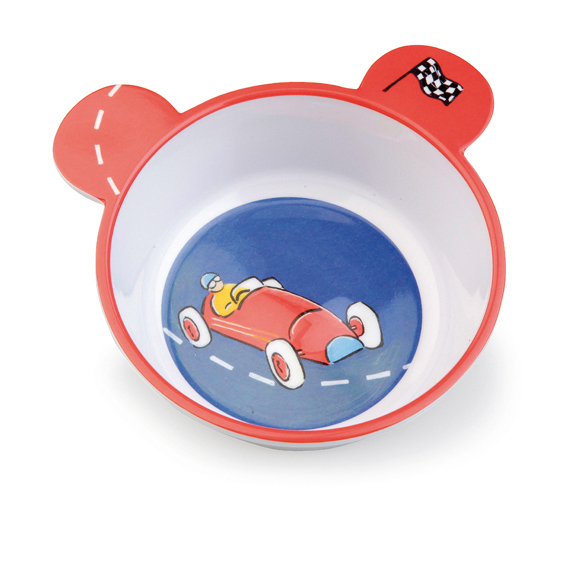 Egmont Toys children's bowl race car, white and red bowl with bear-ear handles, blue interior with racing car and checkered flag