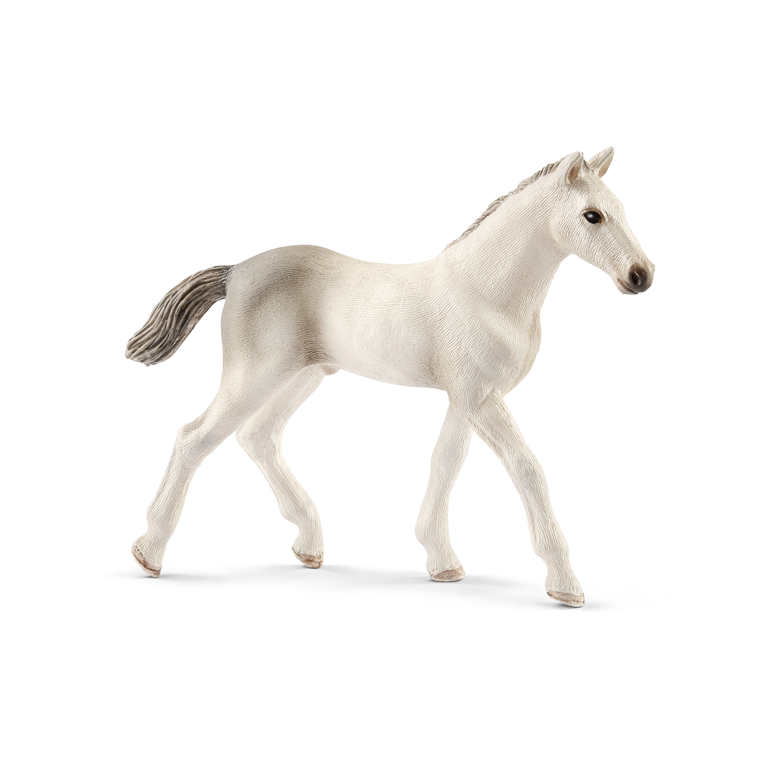 Schleich Horse Club Holsteiner foal, toy figure with white coat, walking, side view
