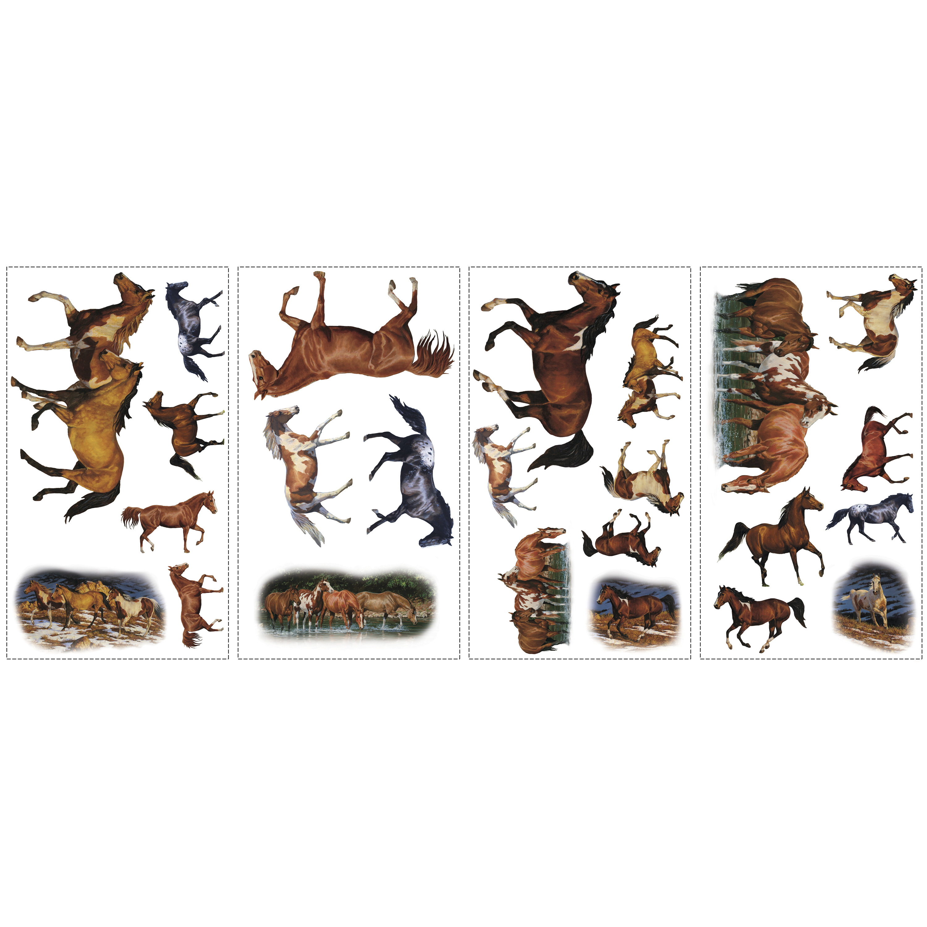 RoomMates wall decal Wild Horses, four decal sheets with photorealistic running and standing horse motifs on a white background
