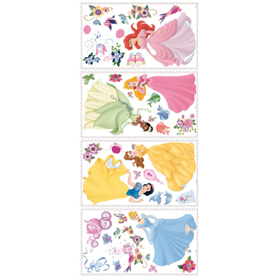 RoomMates wall decal Disney Princess, four decal sheets with the Disney princess motifs and floral decorations on a white background