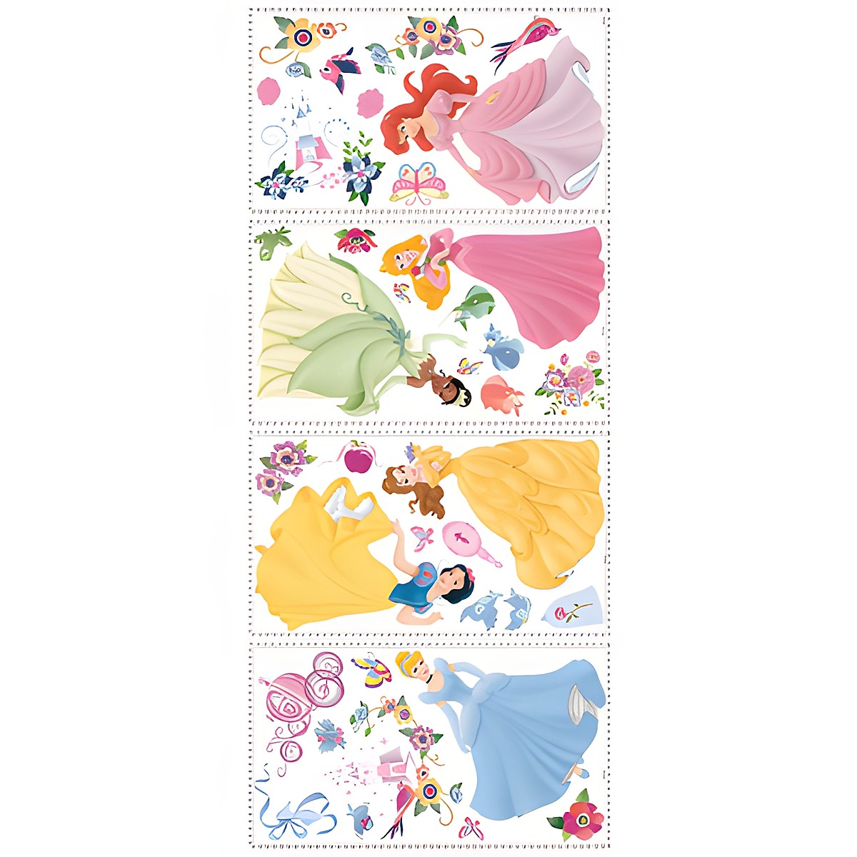 RoomMates wall decal Disney Princess, four decal sheets with the Disney princess motifs and floral decorations on a white background