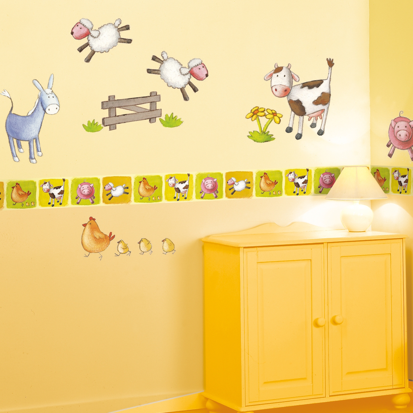 decofun wall decal Animal Farm lifestyle photo, jumping sheep, donkey and cow above the border on a yellow wall