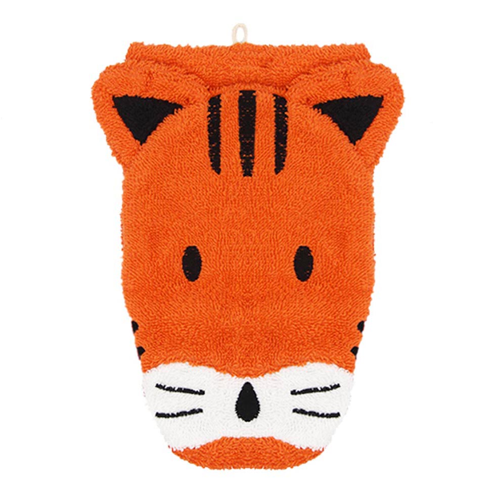 Fürnis Bio-Waschlappen Tiger Theo, orangefarbene Form mit schwarzen Streifen, Ohren und weißer Schnauze