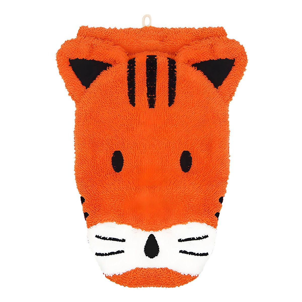 Fürnis organic washcloth tiger Theo, orange shape with black stripes, ears and white muzzle
