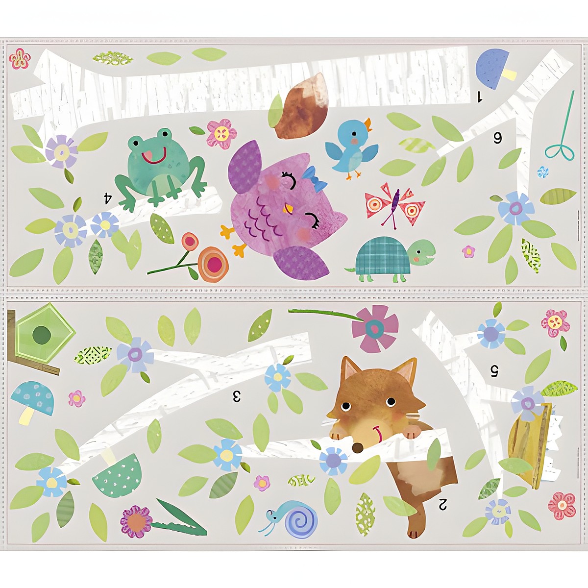 RoomMates Wandbild Woodland Waldtierkinder Baum, zwei Klebebögen mit Eulen-, Frosch-, Fuchs- und Schmetterlings-Motiven auf grauem Untergrund