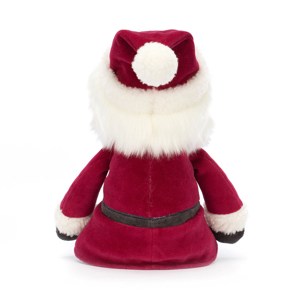 Jellycat Weihnachtsmann Jolly Santa, Rückansicht mit roter Zipfelmütze und weißem Fellbesatz