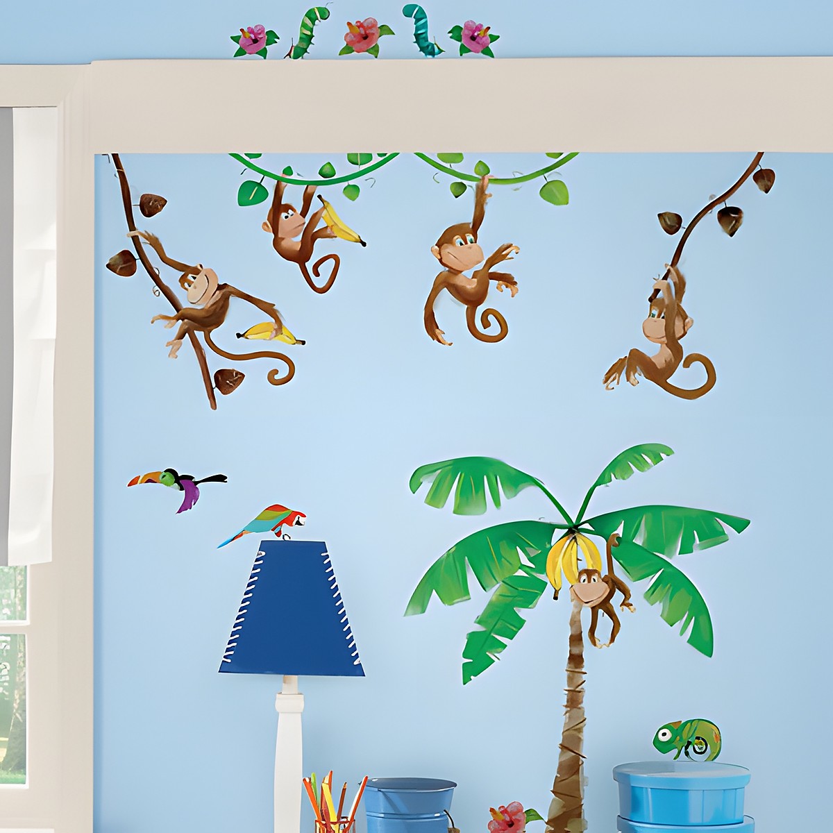 RoomMates Wandbild Monkey's, Affen an Lianen mit Bananen, Palme und Vögeln an einer hellblauen Kinderzimmerwand über einem Regal