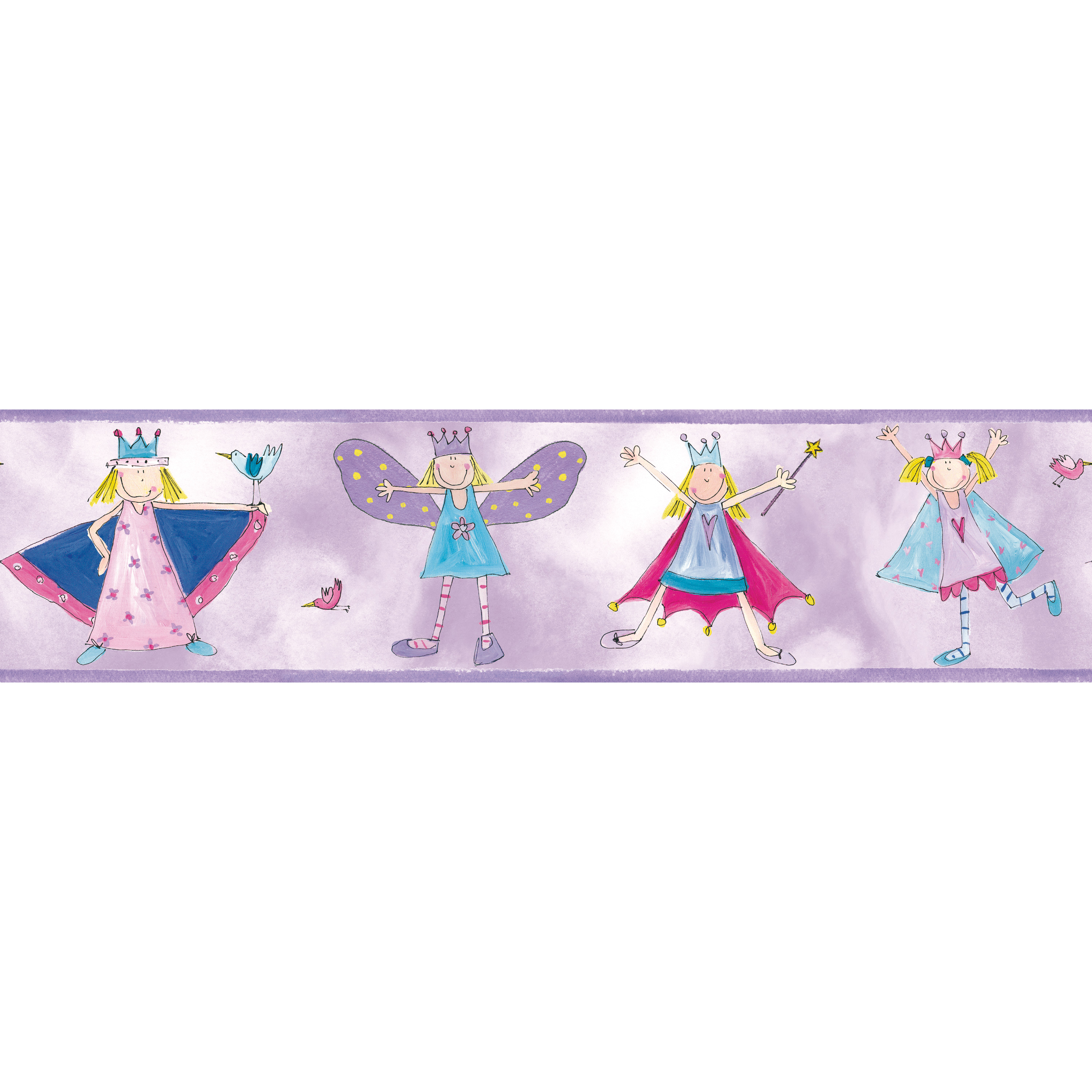 RoomMates border Fairy Princess, close-up of the purple border strip with fairy motifs on a violet background