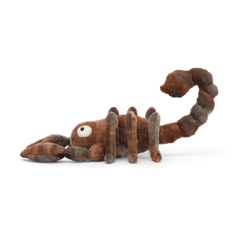 Jellycat Kuscheltier Skorpion Simon Scorpion, braunes Plüschtier mit erhobenem Schwanz, Seitenansicht