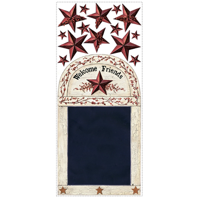 RoomMates writable chalkboard Country Chalkboard, decal sheet with red frame motif, stars and chalkboard area on a white background