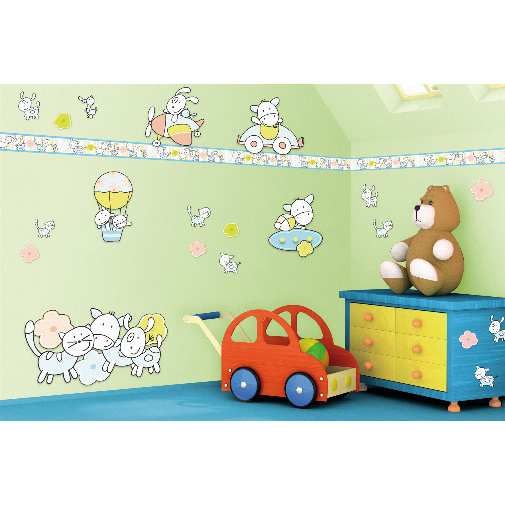 Dinico Farmily Wanddekoration groß im Kinderzimmer angebracht, Tiergruppen-Motiv über hellgrüner Wand neben Kommode und Spielzeugauto