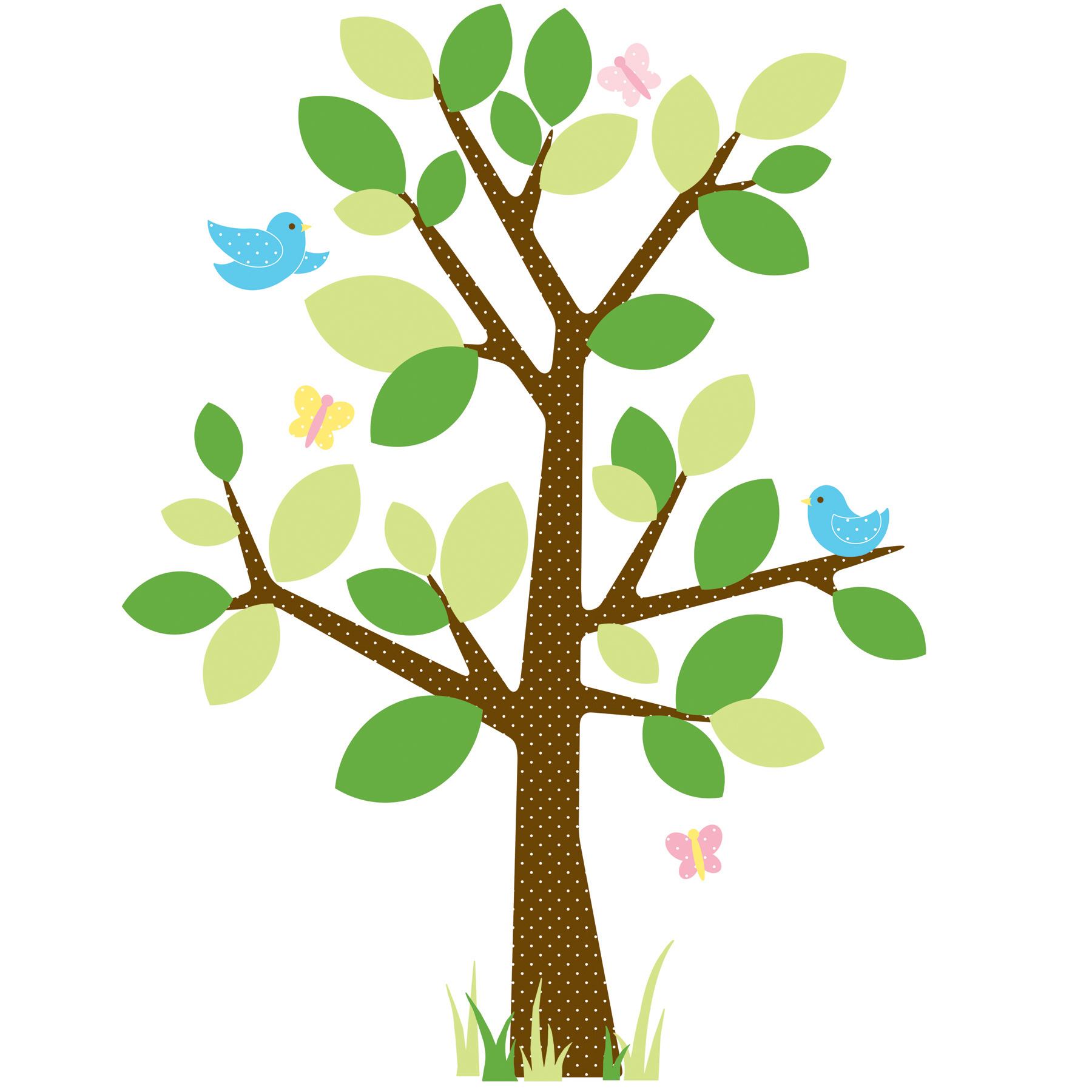 RoomMates wall decal Dotted Tree, assembled tree motif with birds, butterflies and grass on a white background