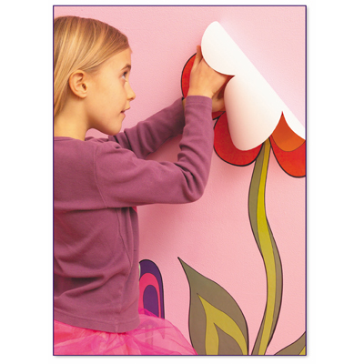 funtosee wall sticker flower world, girl applying a large poppy flower decal to a pink children's room wall