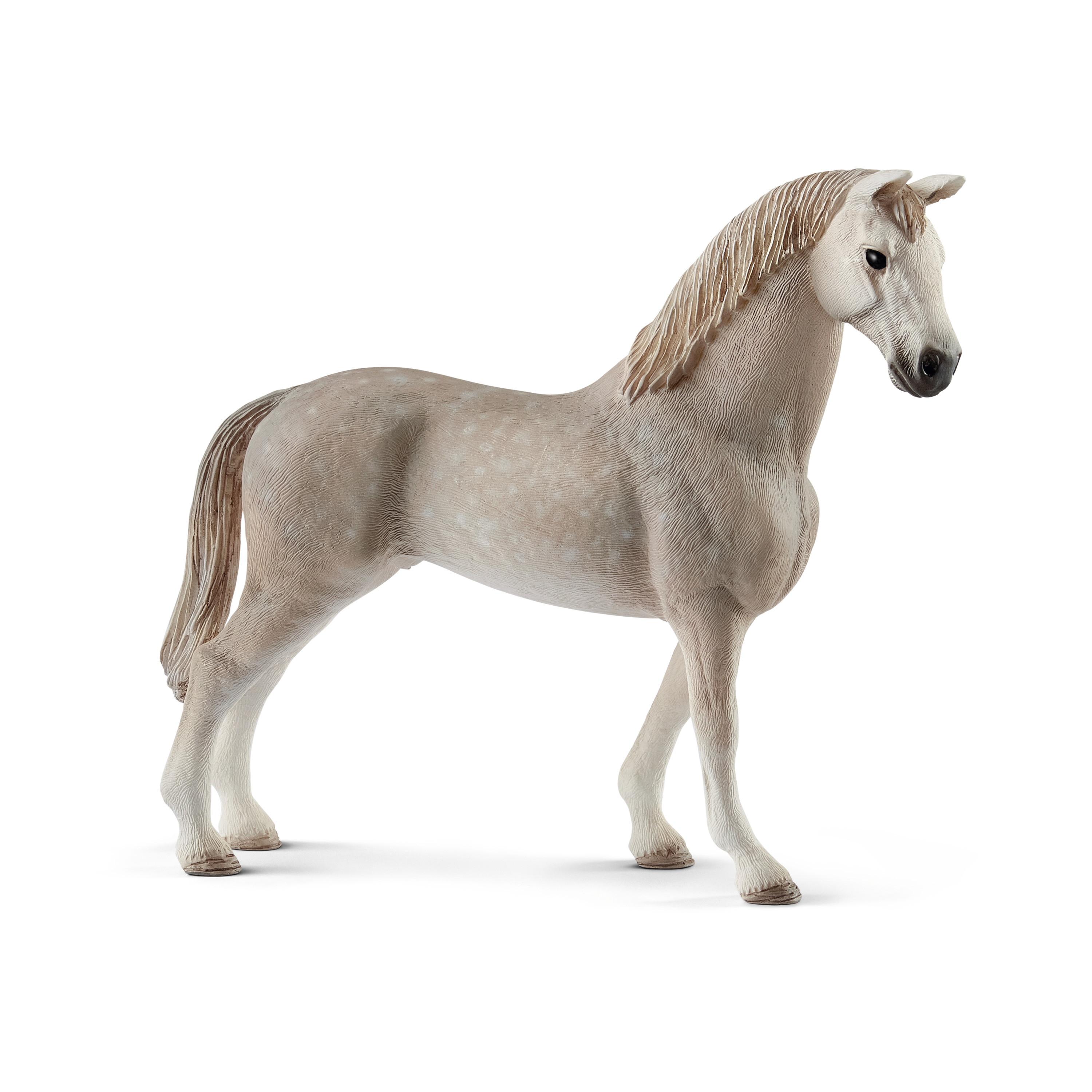 Schleich Horse Club Holsteiner gelding, toy figure with light grey coat and a light-coloured mane, standing