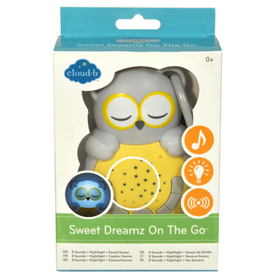 Cloud b Sweet Dreamz On The Go owl, retail box showing the owl device and icons for sounds, nightlight and sensor