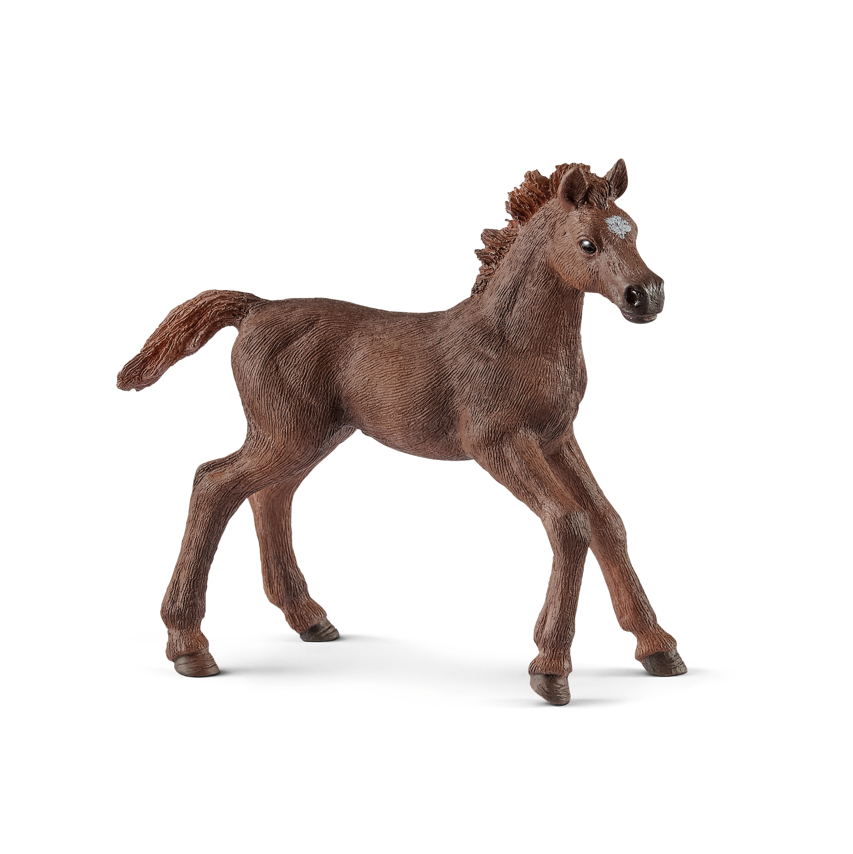Schleich Horse Club English Thoroughbred foal, toy figure with reddish-brown coat and a white blaze, walking