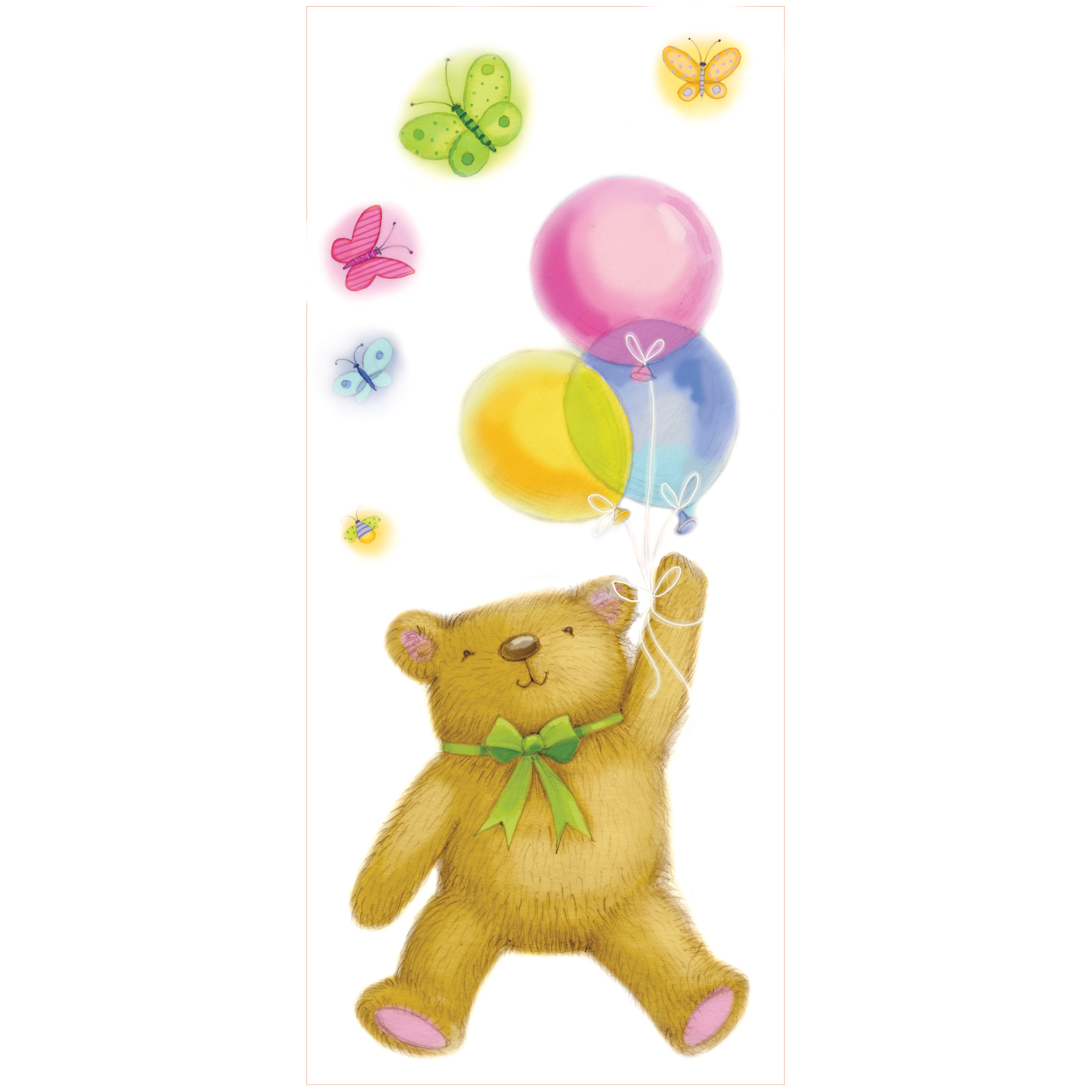 RoomMates wall decal Up Away, decal sheet with teddy bear, balloon and butterfly motifs on a white background