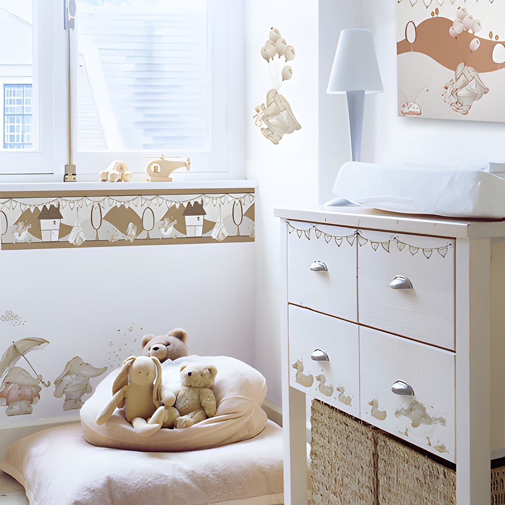 graham & brown Wandsticker Eleflump, Kinderzimmer mit Bordüre am Fenster, Kommode und Kuscheltieren auf einem Sitzkissen