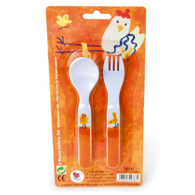 Egmont Toys cutlery chick, white spoon and fork with orange handle and yellow chick motif