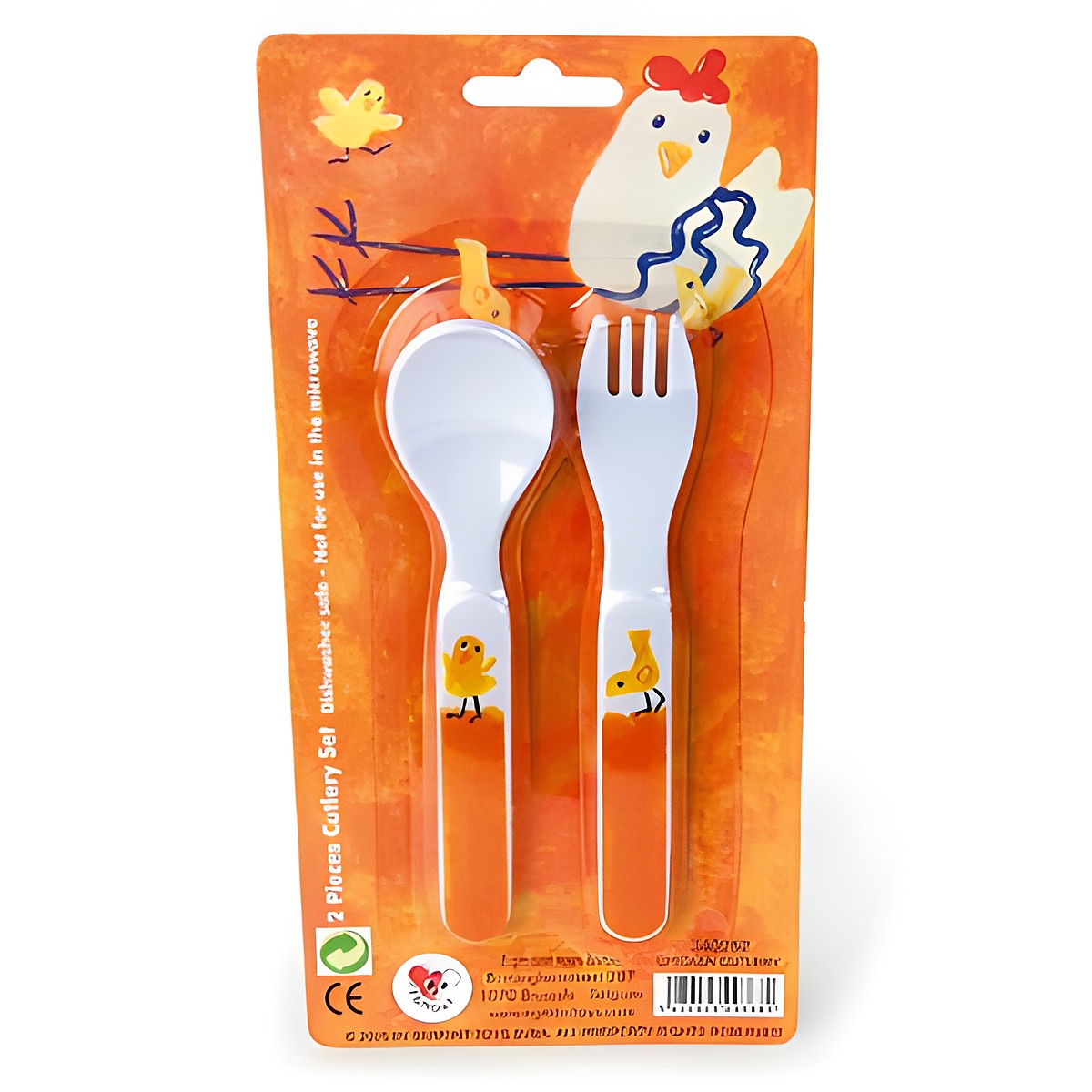 Egmont Toys Kinderbesteck Kueken, weisser Loeffel und Gabel mit orangem Griff und gelbem Kueken-Motiv