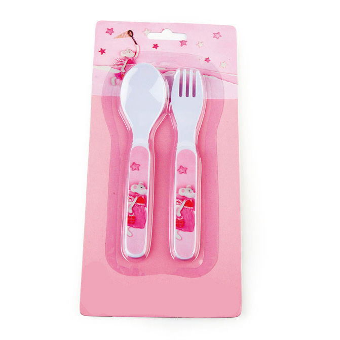 Egmont Toys cutlery mouse Twiggy, white spoon and fork with pink handle on pink packaging with mouse motif
