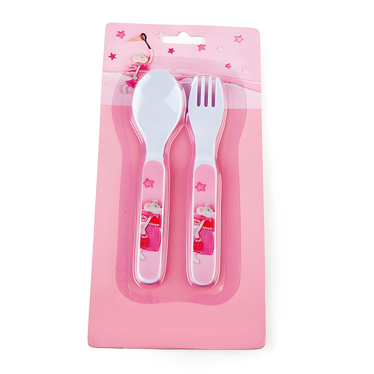 Egmont Toys Kinderbesteck Maus Twiggy, weisser Loeffel und Gabel mit pinkem Griff auf rosa Verpackung mit Maeuse-Motiv