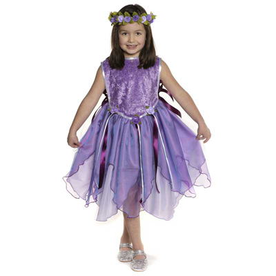great-pretenders Tunikakleid Fee lila, Feenkleid mit Samtoberteil, Zipfelrock und Blumenkranz im Haar, Größe S