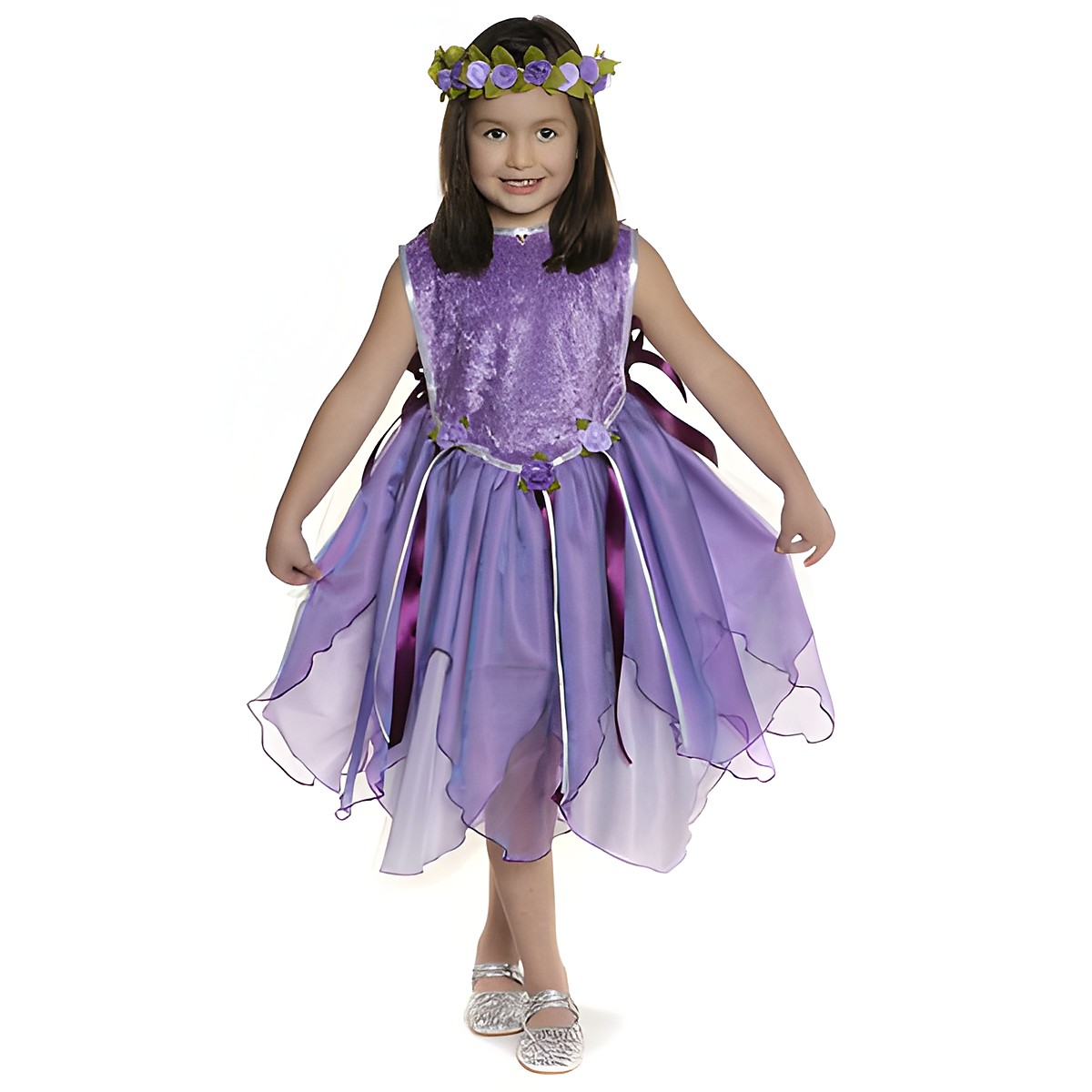 great-pretenders Tunikakleid Fee lila, Feenkleid mit Samtoberteil, Zipfelrock und Blumenkranz im Haar, Größe S