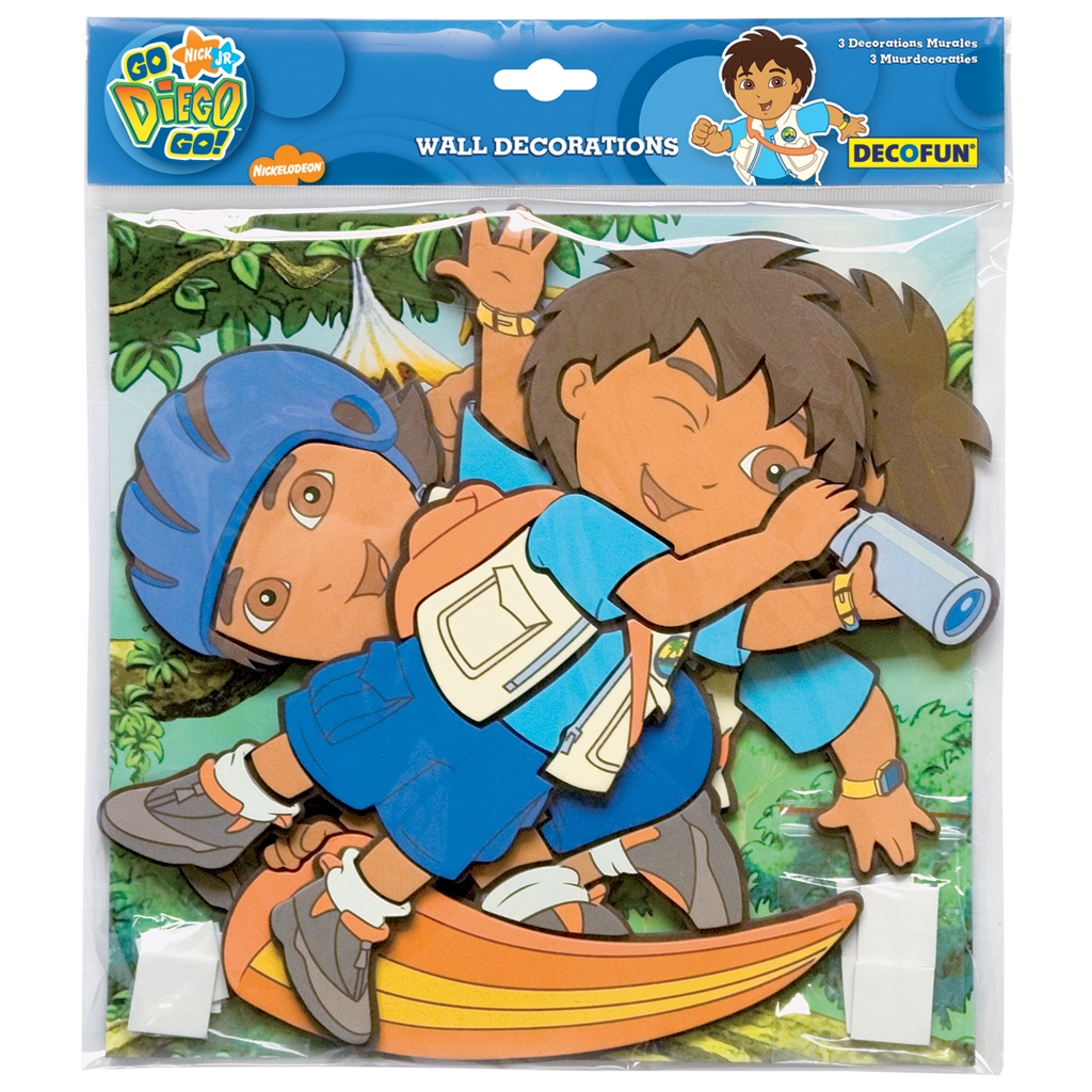 decofun wall decoration Go Diego Go packaging, Diego with a backpack and surfboard against a jungle background