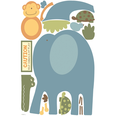 RoomMates wall decal Zoo Animals, decal sheet with monkey, elephant, turtle and warning sign motif on a white background