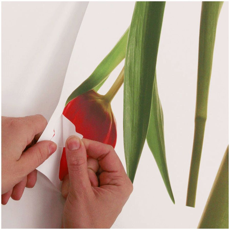 RoomMates wall decal Tulip, hands peeling a red tulip motif off the backing sheet, usage example