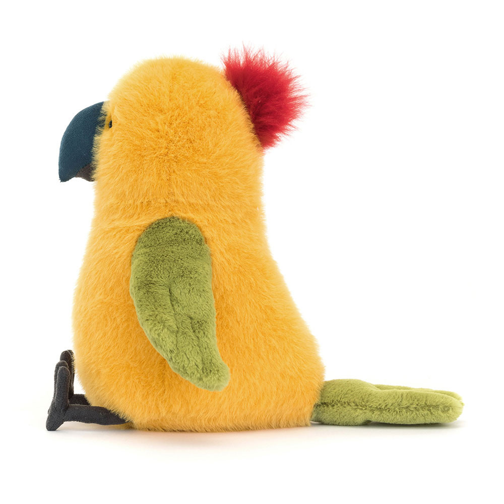 Jellycat Kuscheltier Papagei Budgeby Parrot, gelbes Plüschtier mit grünem Flügel, Seitenansicht