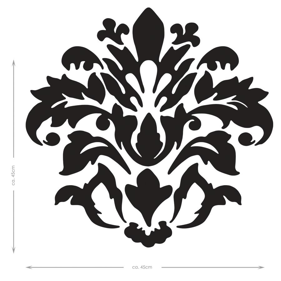 RoomMates wall decal Damask Peel & Stick, single black damask ornament with measurements on a white background