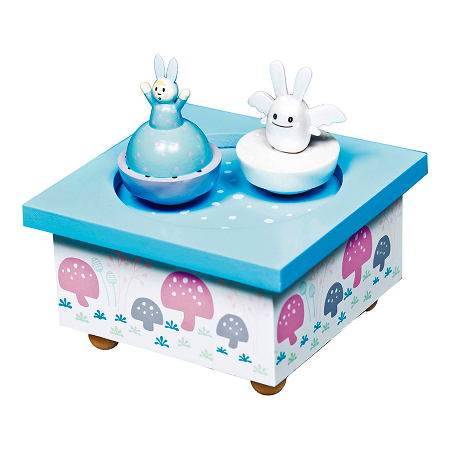 Trousselier Spieluhr Ange Lapin, blau-weiße Holzbox mit Pilzmuster und drehenden Häschenfiguren in Blau und Rosa