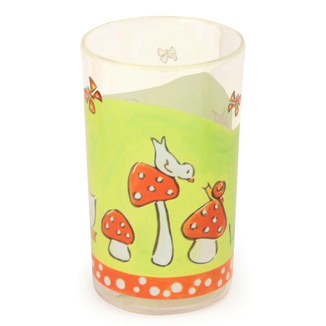 Egmont Toys drinking glass mushrooms, green glass with bird, snail and toadstools, red polka-dot rim