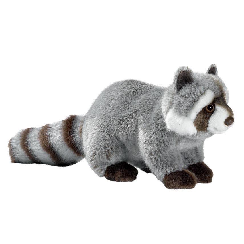 Raccoon plush toy by Anima with grey fur, dark eye mask and brown-ringed tail, standing