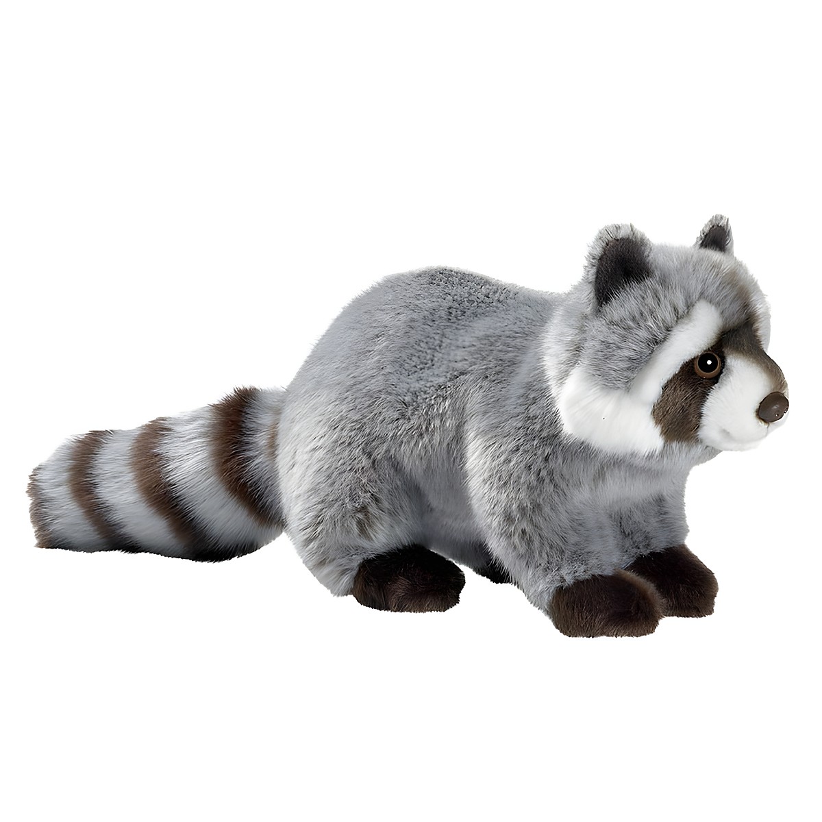 Raccoon plush toy by Anima with grey fur, dark eye mask and brown-ringed tail, standing