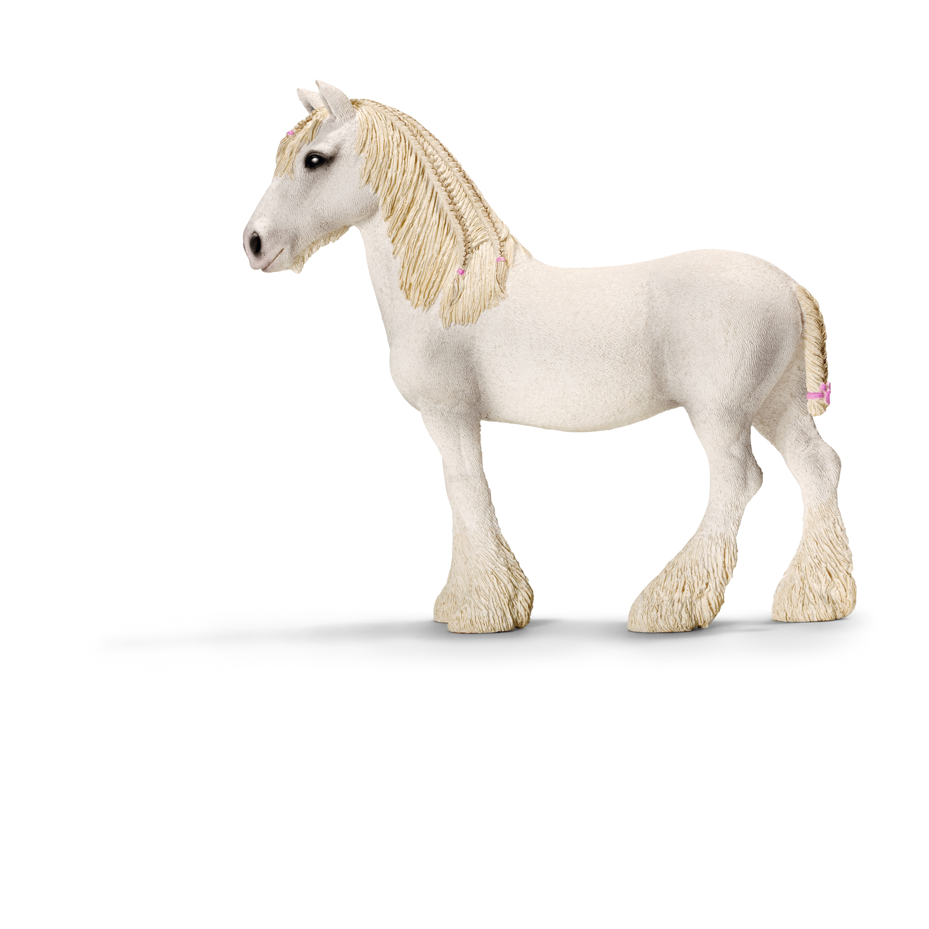 Schleich Farm World Shire mare, toy figure with white coat and a cream-coloured mane with a pink ribbon, standing