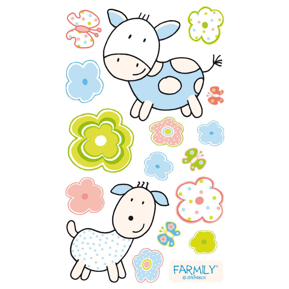 Dinico sticker set Farmily, standing calf and lamb figure among green, pink and blue flower motifs with a butterfly