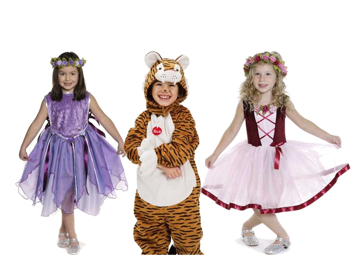Kinder in Kostümen: Feenkleid, Tigerkostüm und Rosenkleid