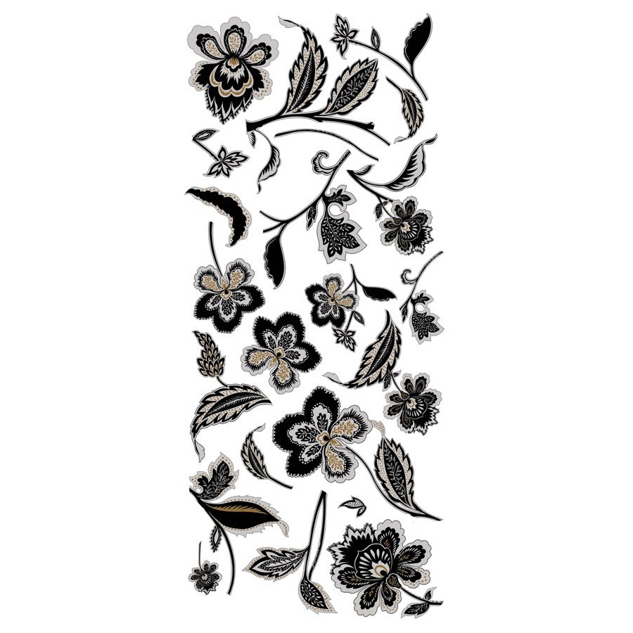 RoomMates wall decal Jazzy Jacobean Peel & Stick, decal sheet with black and gold flower and leaf motifs on a white background